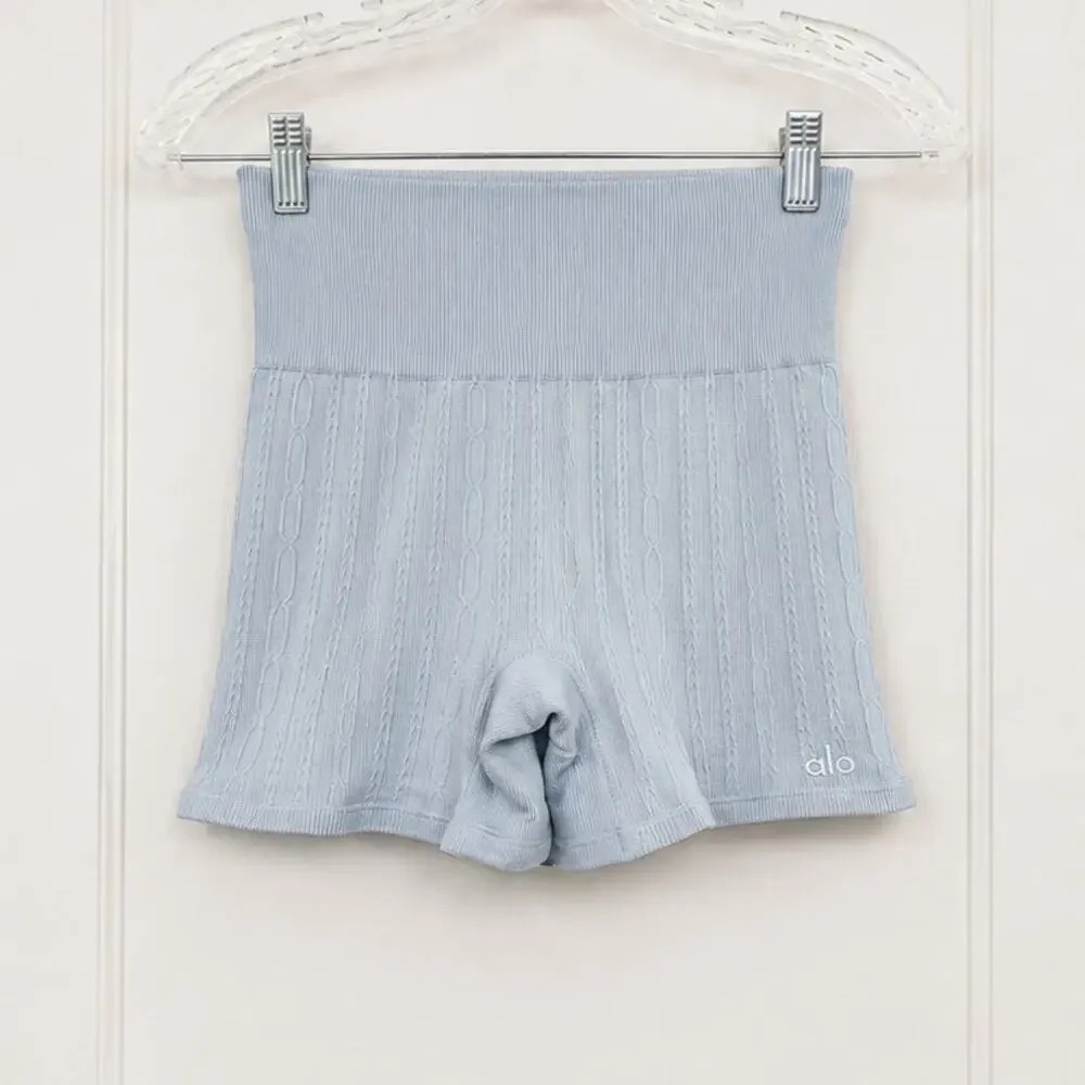 Alo Yoga High-Waist Cable Knit Biker Shorts Chalk Blue XS- Small Stain